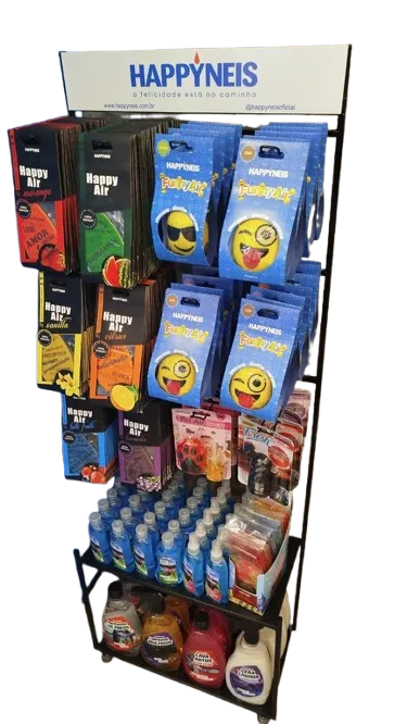 Store display stand with Happynes brand air freshener products including Happy Air and Funky Air scents and various liquid refills.